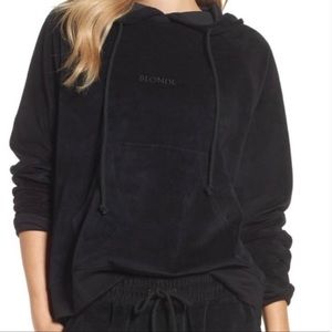Brunette The Label BLONDE Embroidered Velour Hoodie in Black. Size Medium.